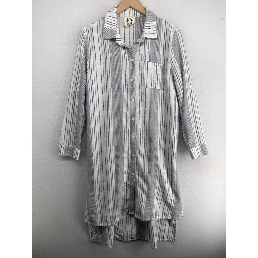 PPLA Clothing Shirtdress M Alena Woven Longline Shirt Striped Roll Tab White